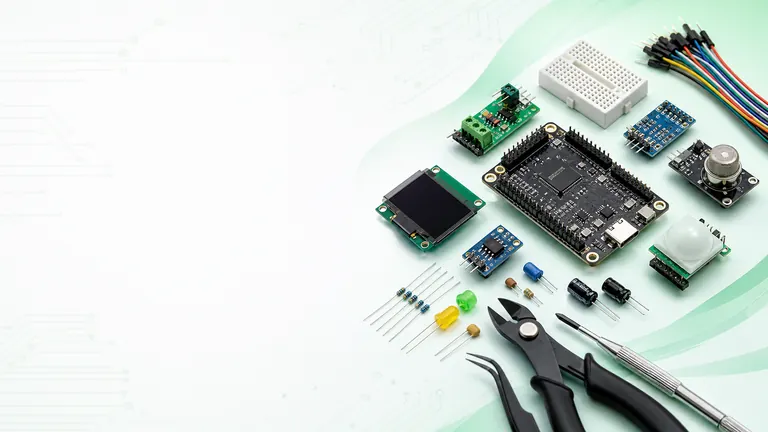 Development board, sensors and electronic components arranged for prototyping